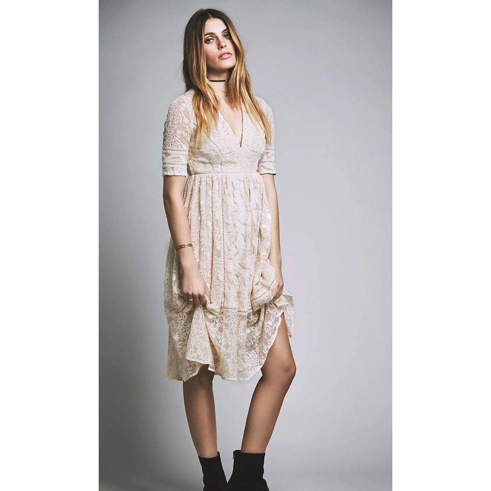Free People Mountain Laurel Lace Midi Dress Cream Boho Romantic V‎ Neck 0